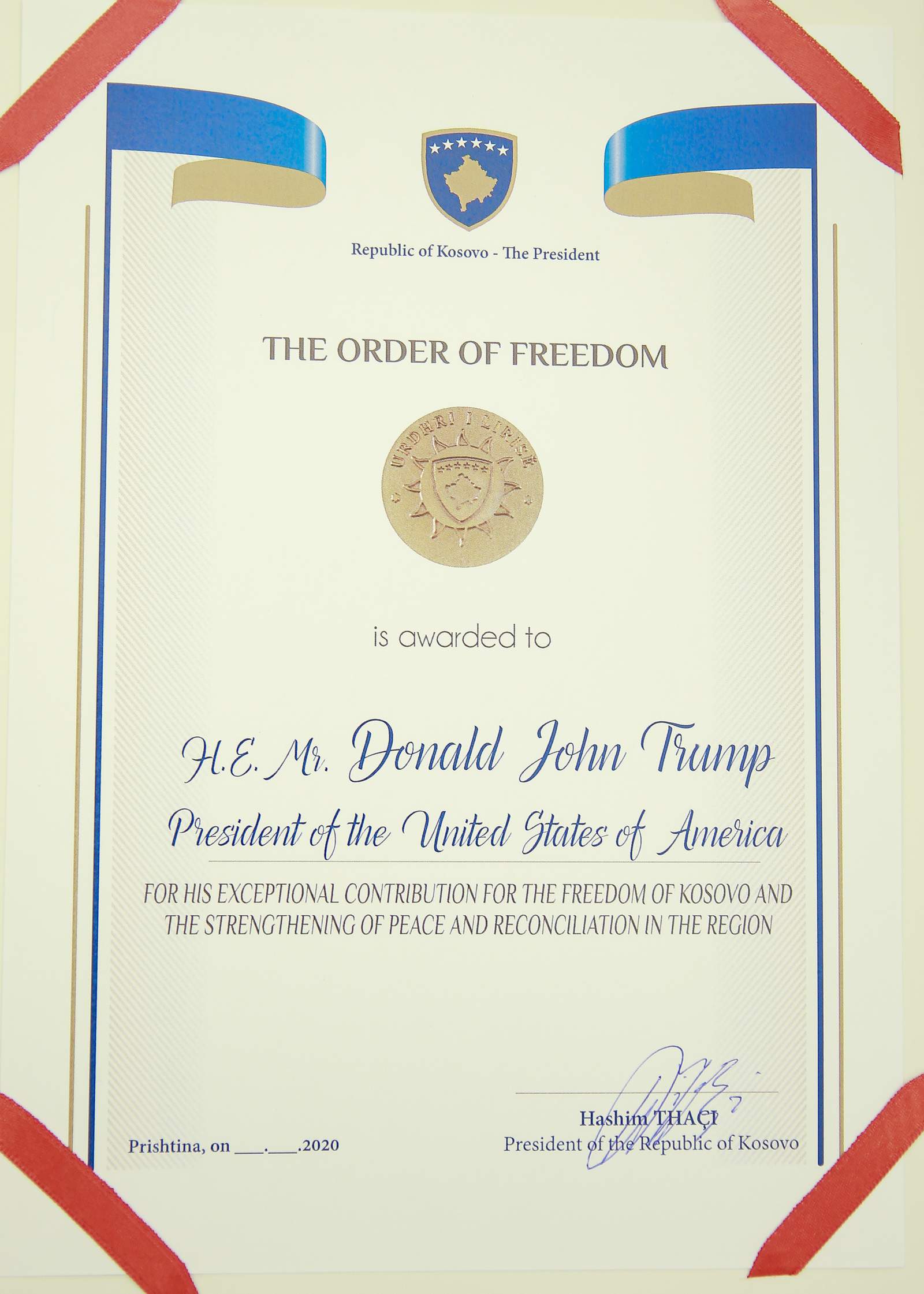 Kosovo awards Trump with Order of Freedom for peace efforts