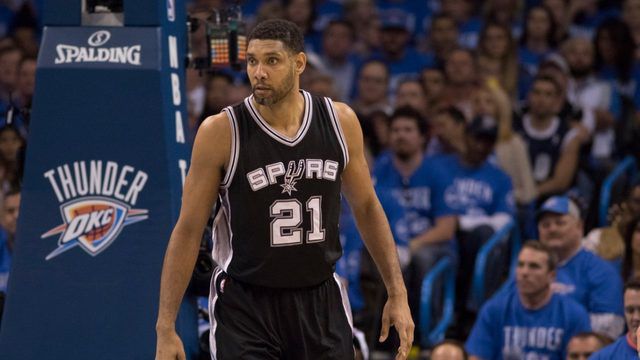 OKLAHOMA CITY, OK - MAY 12: Tim Duncan #21 of the San Antonio Spurs waits for the Oklahoma City Thunder to bring the ball down court during the second half of Game Six of the Western Conference Semifinals during the 2016 NBA Playoffs at the Chesapeake Energy Arena on May 12, 2016 in Oklahoma City, Oklahoma. (Photo by J Pat Carter/Getty Images)