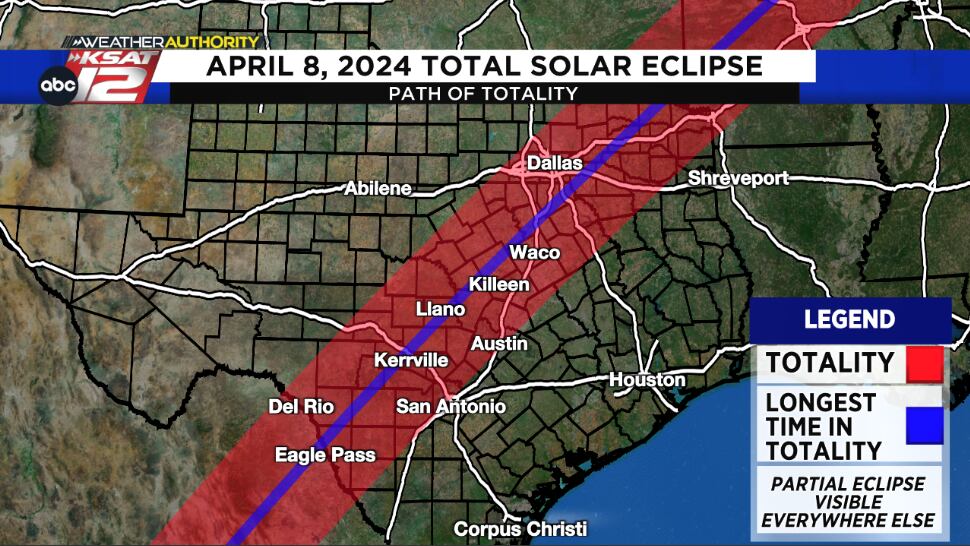 The April 8, 2024 path of totality through Texas