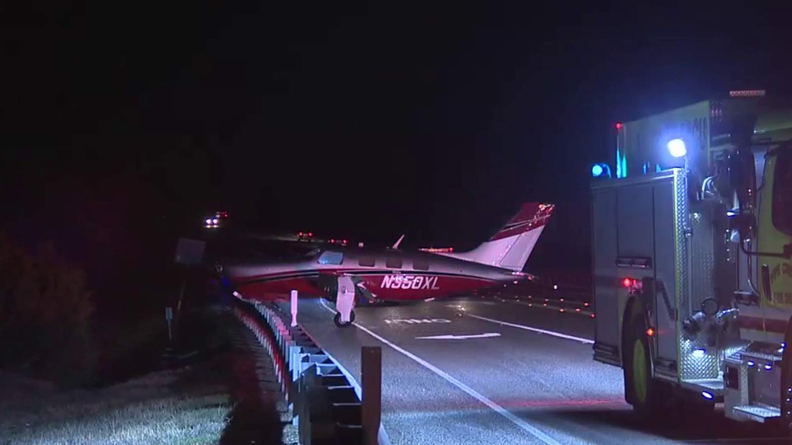 Small plane makes emergency landing, collides with road sign