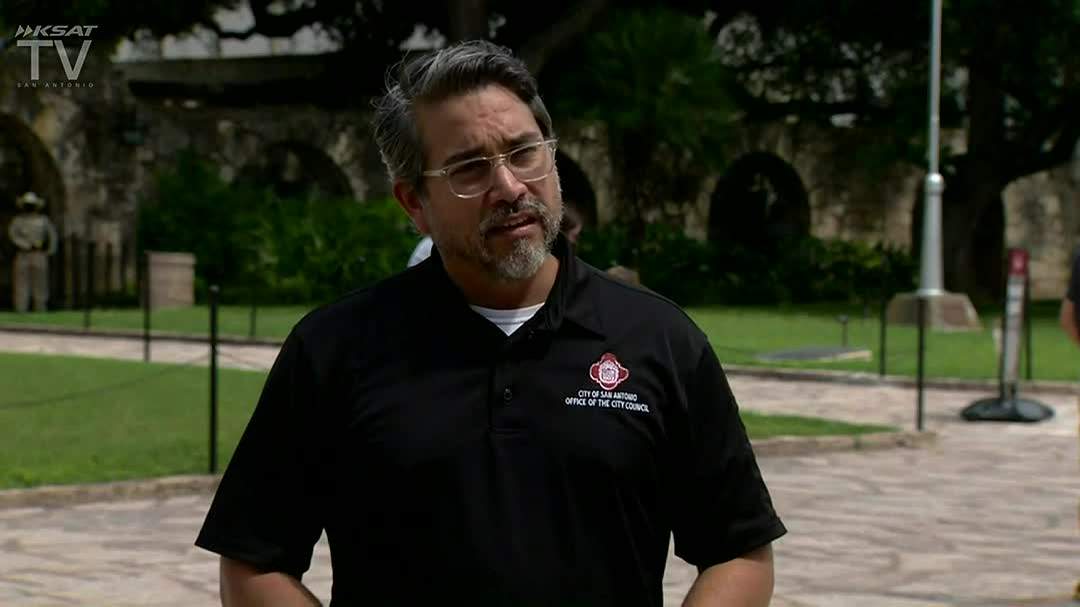 Councilman Robert Trevino discusses graffiti on Alamo Cenotaph