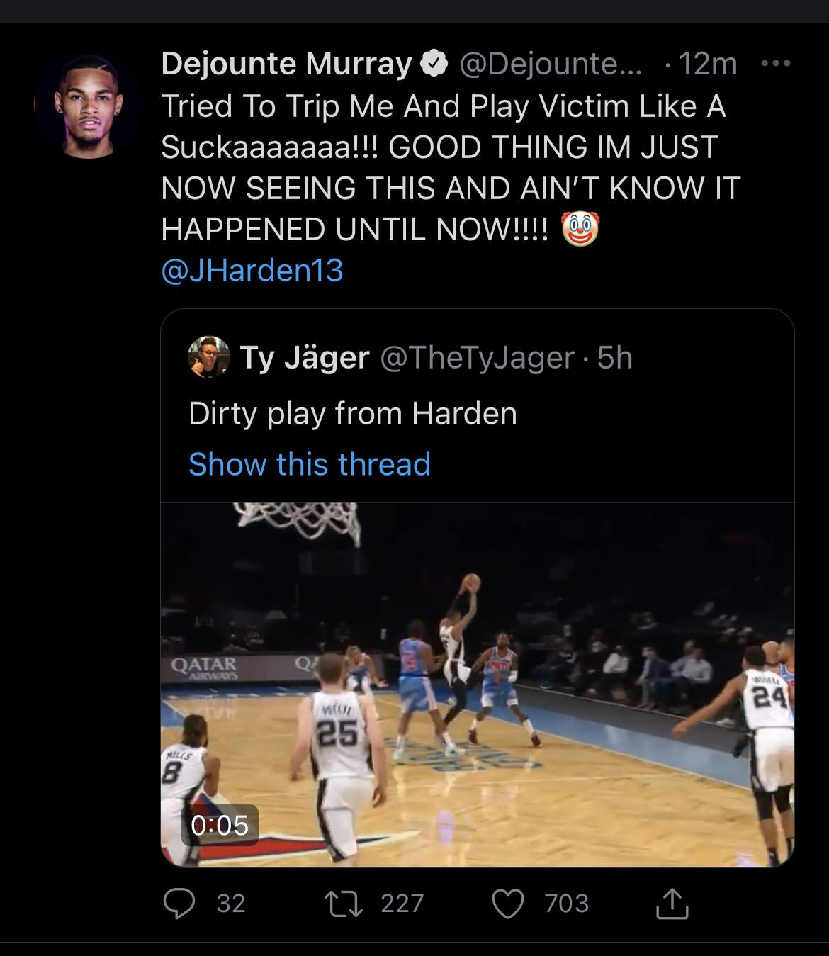 Dejounte Murray calls out James Harden after video shows Nets star attempt to trip Spurs guard