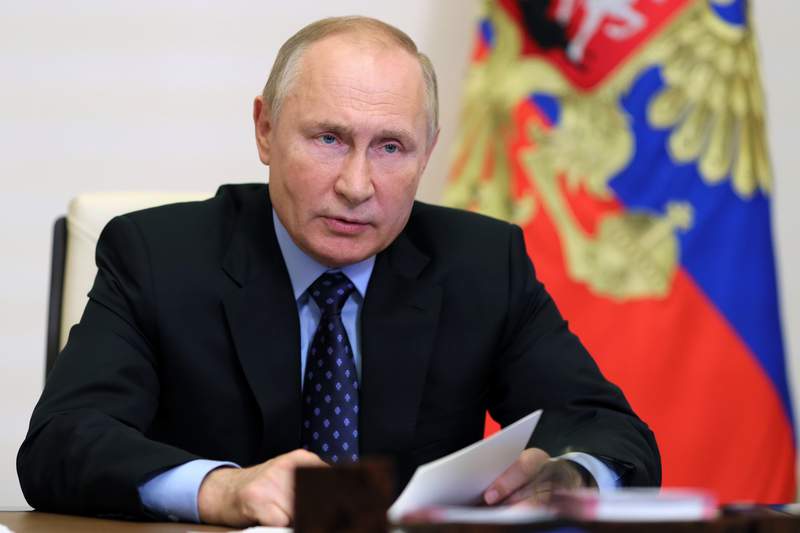 Russian President Vladimir Putin chairs a gathering  connected  improvement  of the assets  imaginable   connected  the Yamal peninsula via teleconference astatine  the Novo-Ogaryovo residence extracurricular  Moscow, Russia, Wednesday, Oct. 27, 2021. (Evgeny Paulin, Sputnik, Kremlin Pool Photo via AP)