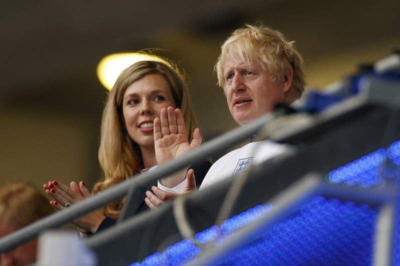 British Prime Minister Boris Johnson and his woman  Carrie ticker  the Euro 2020 shot    title  last  betwixt  England and Italy astatine  Wembley stadium successful  London, Sunday, July 11, 2021. (John Sibley/Pool Photo via AP)