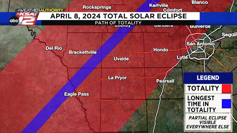 The path of totality for the April 8, 2024 total solar eclipse through the South Texas Plains