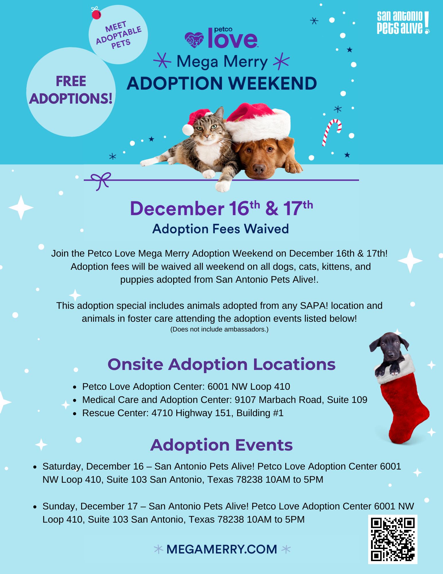 Flyer for Petco Love Mega Merry Adoption Weekend