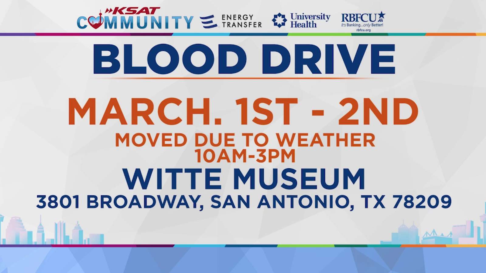 KSAT Community blood drive with University Health moved to March 1-2 due to inclement weather