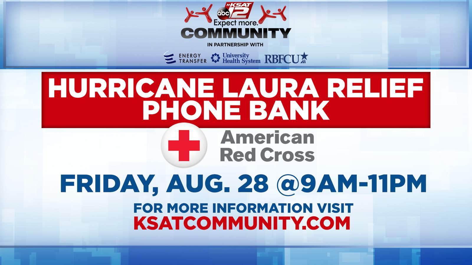 KSAT Community Hurricane Laura Relief Phone Bank with the American Red Cross to be held Friday