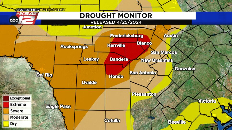 The latest drought monitor released on 4.25.2024 across South Texas.