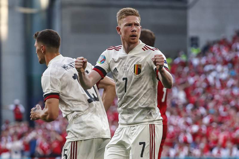 The Latest: De Bruyne leads Belgium over Denmark 2-1