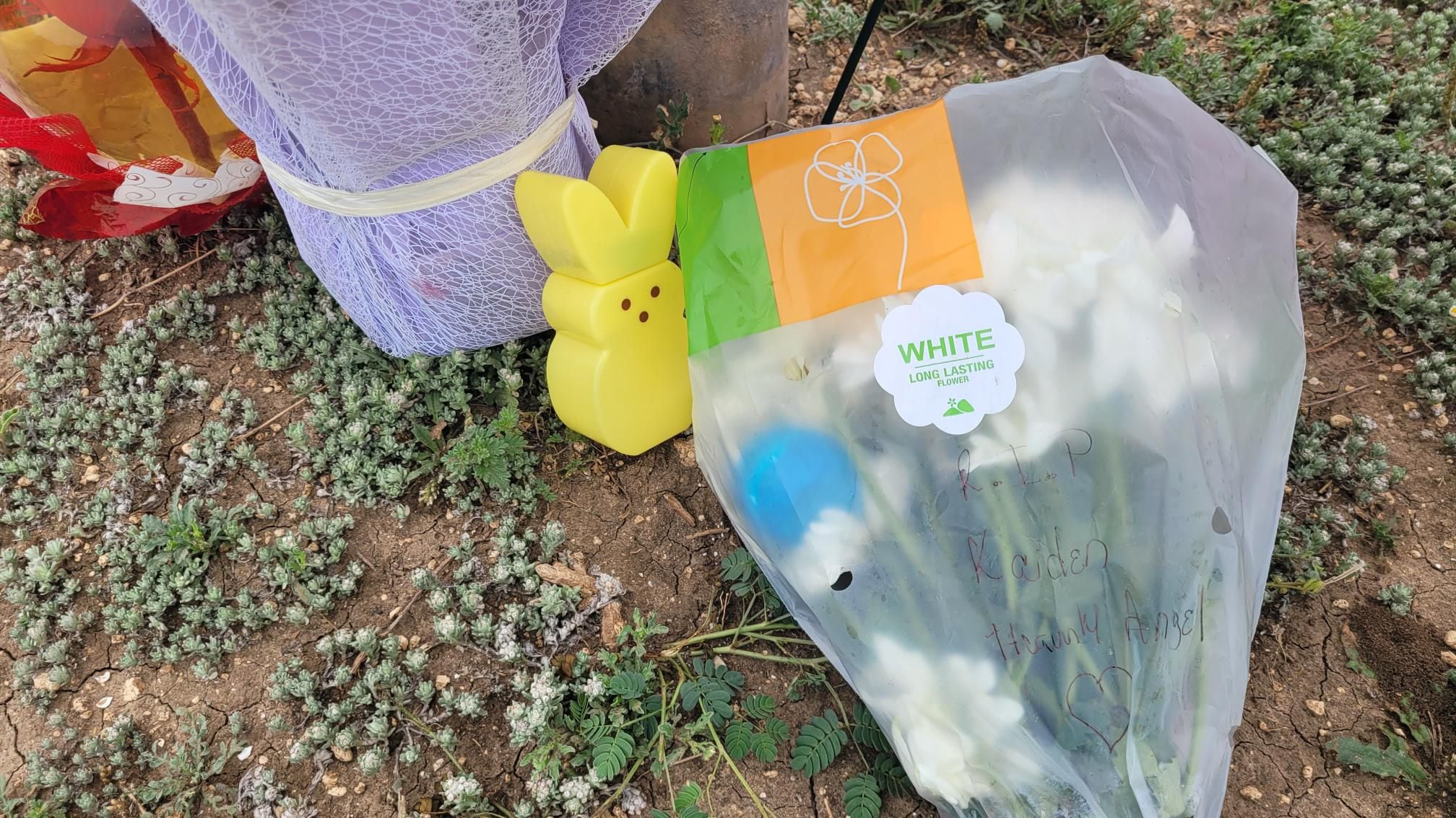 A stranger left a bunny-shaped bottle of bubbles amid flowers and balloons in Tom Slick Park. The bodies of Savannah Kriger, 32, and Kaiden Kriger, 3, were found nearby.