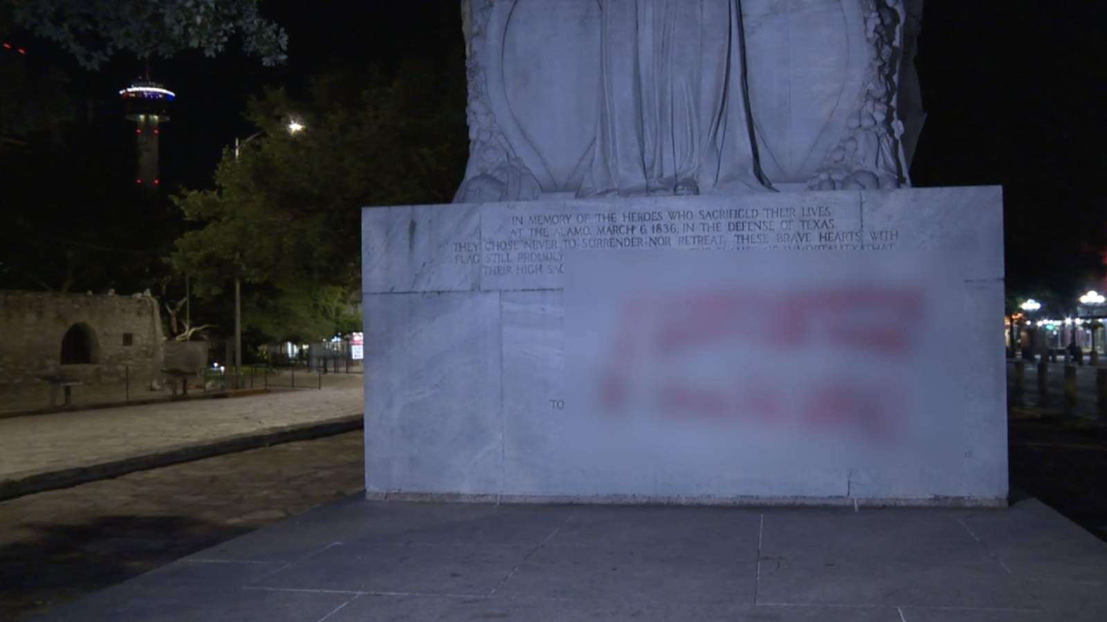 Graffiti found in multiple places downtown, including Cenotaph in Alamo Plaza