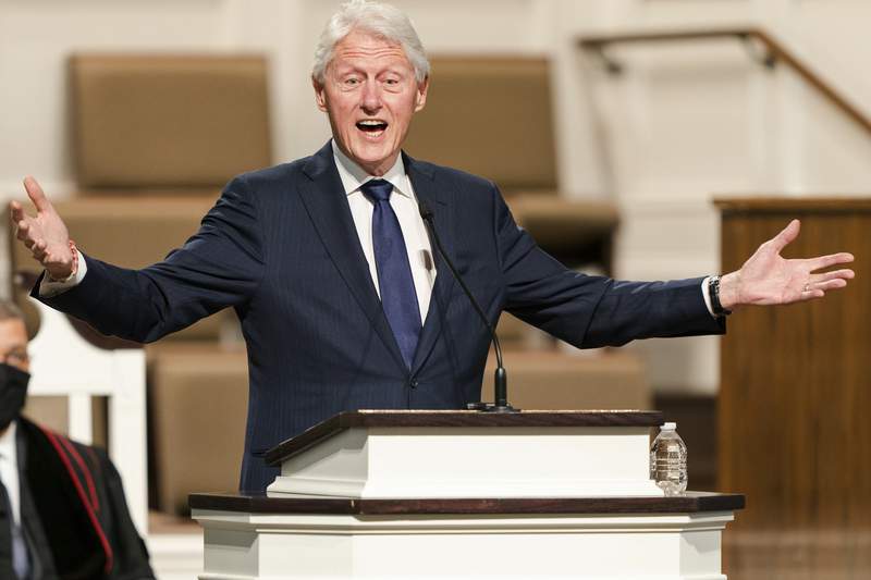 FILE - In this Jan. 27, 2021, record  photo, erstwhile  President Bill Clinton speaks during ceremonial   services for Henry "Hank" Aaron, astatine  Friendship Baptist Church successful  Atlanta. (Kevin D. Liles/Atlanta Braves via AP, Pool, File)