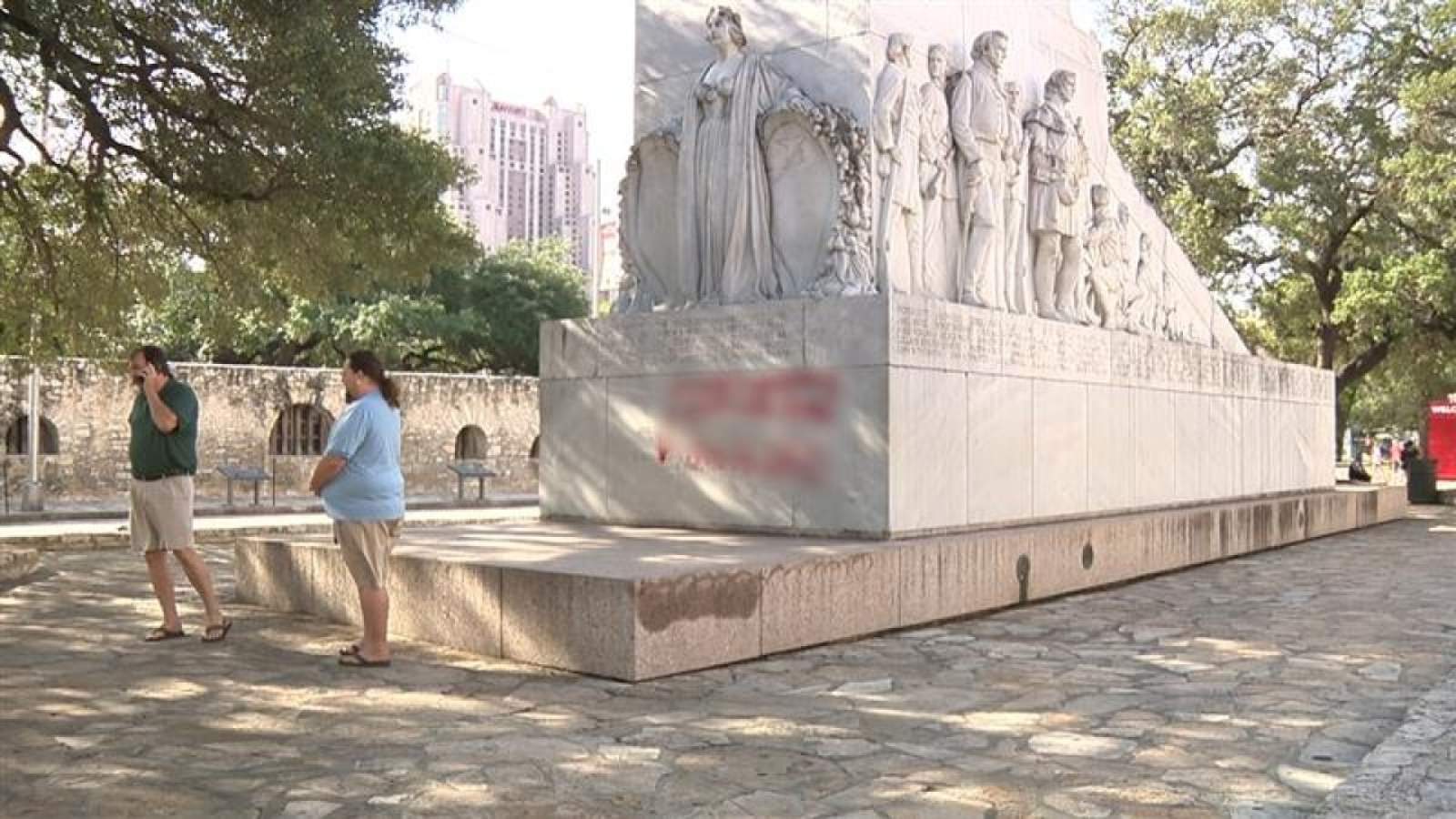 Spray-painted messages on Alamo’s Cenotaph have people seeing red