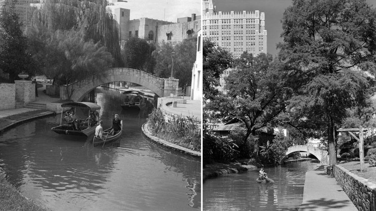 View vintage photos of San Antonians paddling down the San Antonio River Walk in the 1940s