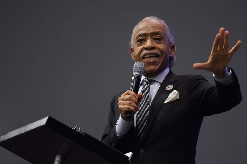 FILE - In this May 3, 2021 file photo, Rev. Al Sharpton speaks during the funeral for Andrew Brown Jr.at Fountain of Life Church in Elizabeth City, N.C. Brown was fatally shot by Pasquotank County Sheriff deputies trying to serve a search warrant. Many police departments including in large U.S. cities such as New York and Chicago ban or strictly limit shooting into moving vehicles after concluding that the practice is ineffective and not worth the risk to human life. But it is still happening and defended as a justifiable use of force in other areas, including the small municipality of Elizabeth City. (AP Photo/Gerry Broome, File) (Copyright 2021 The Associated Press. All rights reserved)