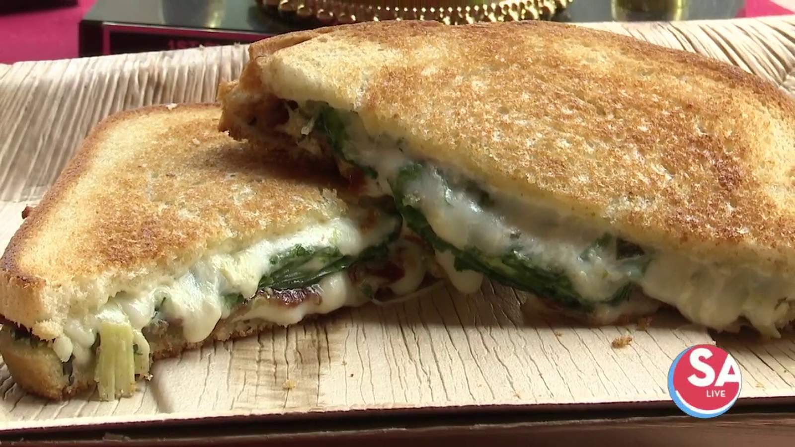 Too-’gouda’-to-be-true! Bacon, spinach, artichoke grilled cheese sandwich