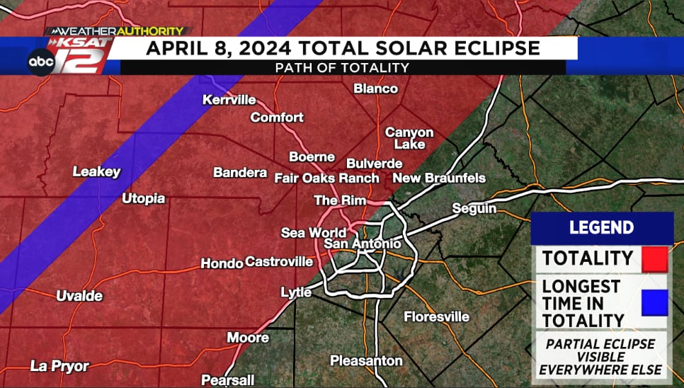 The path of totality for the April 8, 2024 total solar eclipse through the San Antonio Metro Area