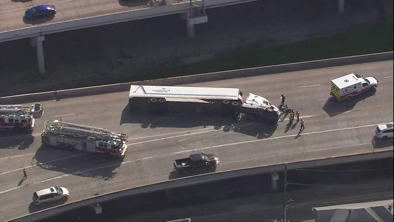 WATCH LIVE: SKY 12 over rolled-over 18-wheeler on Finesilver curve