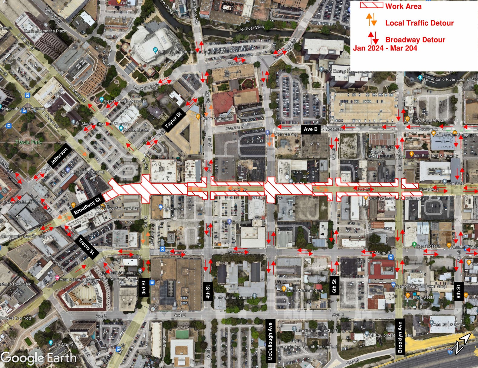 A map showing two sections of lower Broadway that will be closed for roadway reconstruction from Jan. 3 through March.