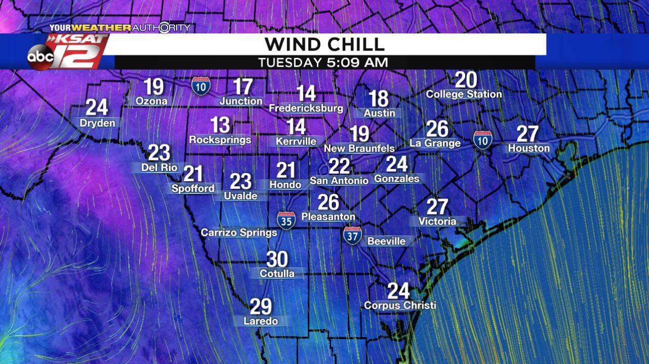 Wind chill values in the teens & 20s this morning, some icy roads in Hill Country