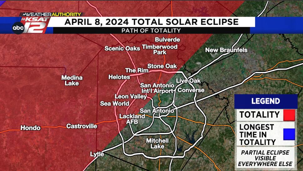 The path of totality for the April 8, 2024 total solar eclipse through Bexar County