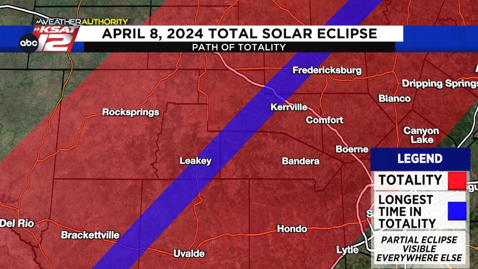 The path of totality for the April 8, 2024 total solar eclipse through the Texas Hill Country