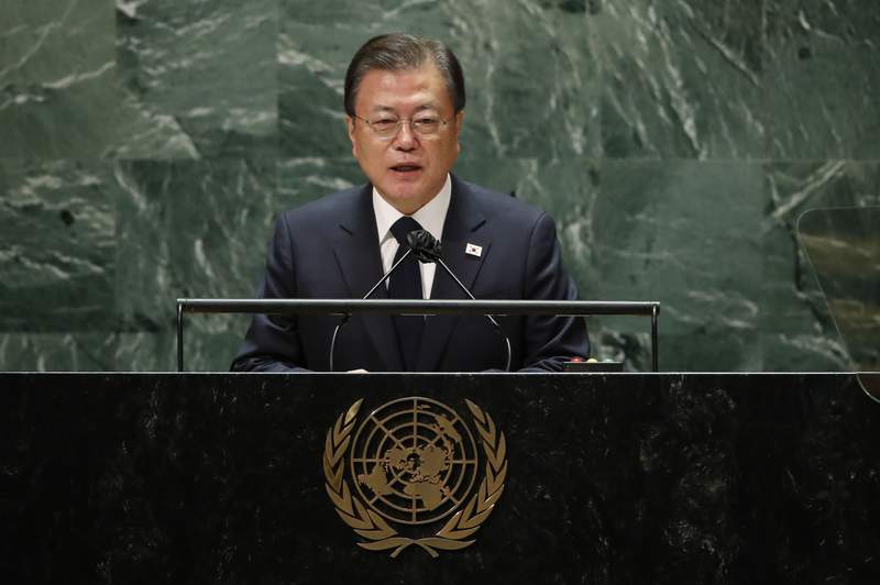 FILE - In this Sept. 21, 2021, record  photo, South Korea's President Moon Jae-in addresses the 76th Session of the U.N. General Assembly. North Korea rebuffed South Koreas propulsion  for a declaration to extremity  the 1950-53 Korean War arsenic  a mode   to reconstruct  peace, saying Friday, Sept. 24, specified  a measurement   could beryllium  utilized  arsenic  a smokescreen covering up   the U.S. hostile policy" against the North. In a code   astatine  the U.N. General Assembly earlier this week, Moon reiterated his calls for the end-of-the-war declaration that helium  said could assistance   execute   denuclearization and lasting bid    connected  the Korean Peninsula.(Eduardo Munoz/Pool Photo via AP, File)