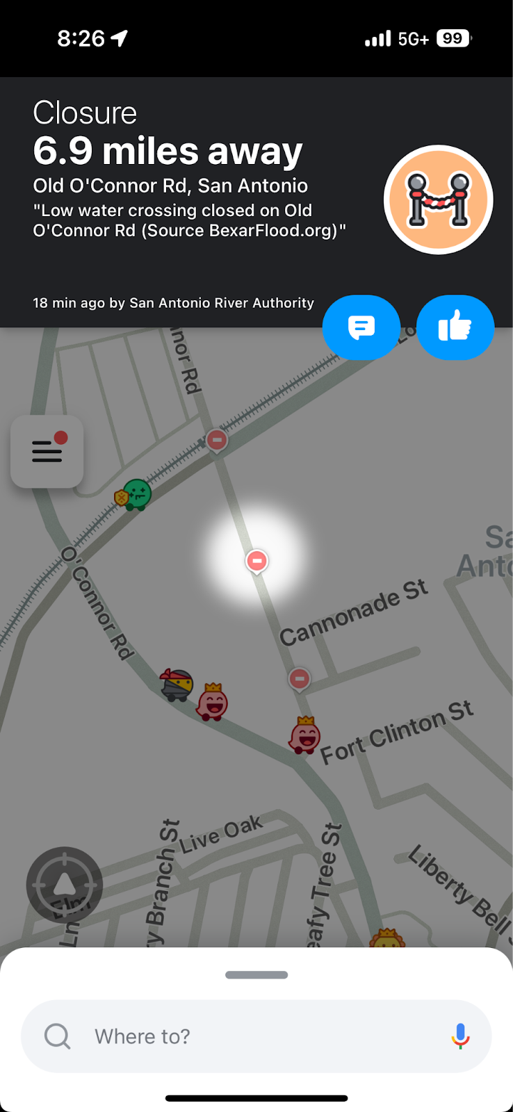 An example of a low-water crossing notification from the WAZE app.