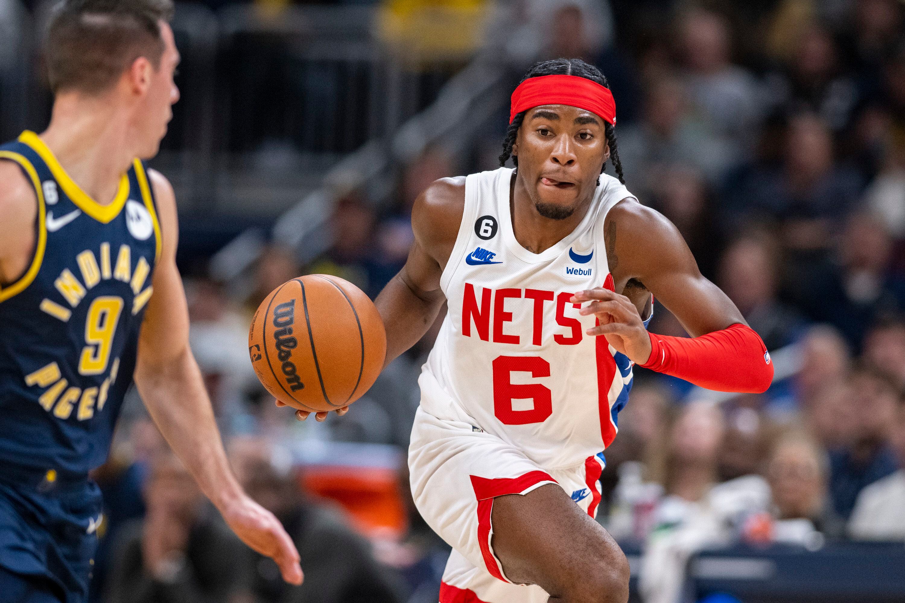 Brooklyn Nets forward David Duke Jr. (6) runs the ball up the court during the first half of an NBA basketball game against the Indiana Pacers in Indianapolis, Saturday, Dec. 10, 2022. (AP Photo/Doug McSchooler)