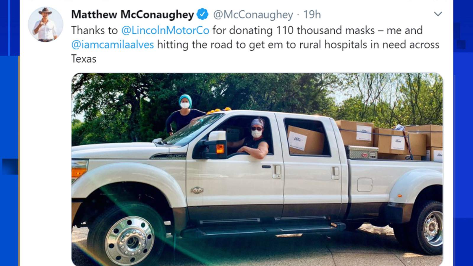 Matthew McConaughey is delivering 110,000 masks to rural Texas hospitals